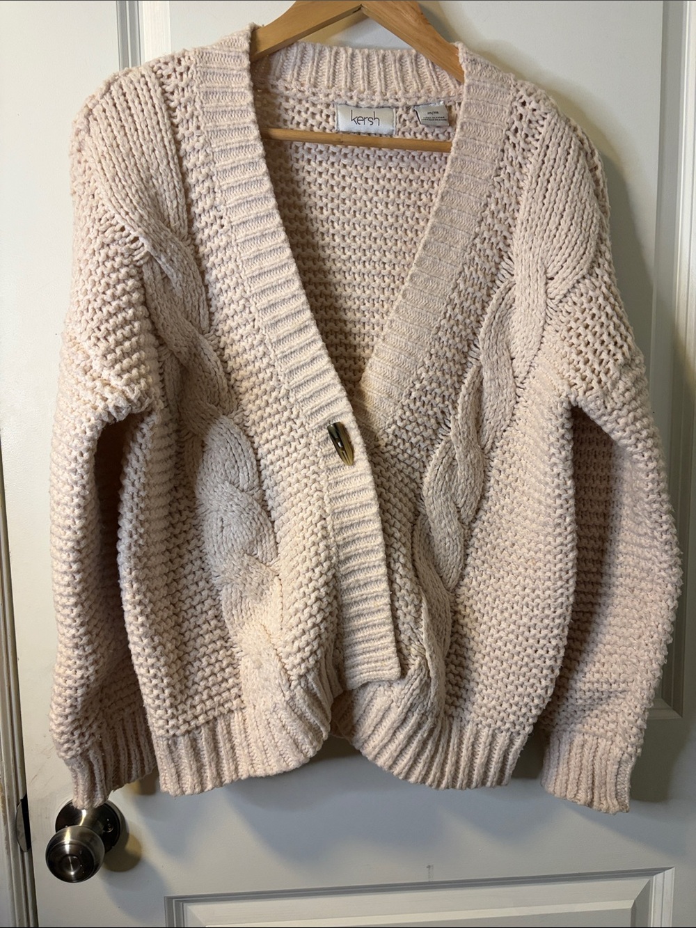 Kersh Soft Blush Cable Knit Cardigan with Decorative Button